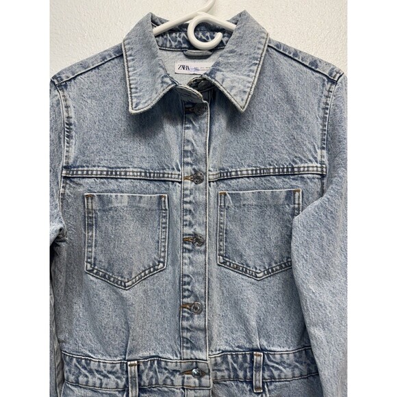 ZARA Denim Long Sleeve Button Up Jean Mini Dress Sz L Light Blue Wash w/ Pockets - Picture 2 of 16